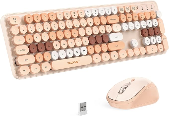 TECKNET Colorful Wireless Keyboard and Mouse Combo, Dual Bluetooth & 2.4G, Quiet Retro Typewriter Style, Full Size Bubble Keyboard with Number Pad, Aesthetic Desk Set for Laptop, PC, and Office Use