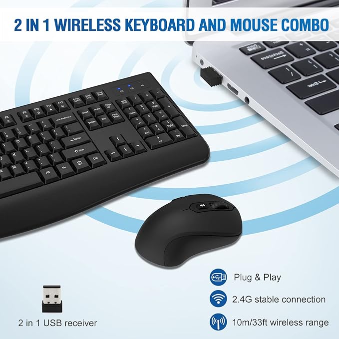 Wireless Keyboard and Mouse Combo, Full-Sized 2.4GHz Comfortable Palm Rest and Optical Wireless Mouse for Windows, Mac OS PC/Desktops/Computer/Laptops(2 Pack)