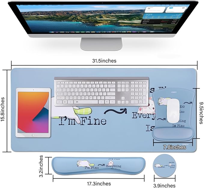 MEGREZ 4-in-1 Ergonomic Memory Foam Wrist Rest Set, Desk Pad, Mouse Pad with Wrist Rest, Keyboard Pad, Suitable for Office Workers, Programmers & Gamers–Relieve Typing & Gaming Fatigue, Grey