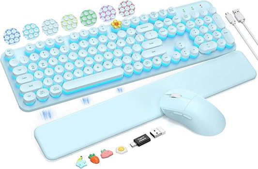 Wireless Keyboard and Mouse Backlit - Typewriter Keyboard with Detachable Wrist Rest, Light Up Letters, 2.4G Rechargeable Combo for Mac, Windows, PC, Laptop, Trueque (Blue)