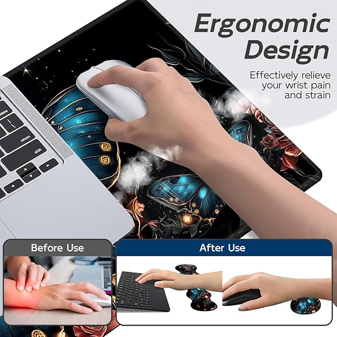 Gaming Mouse Pad Set, Butterfly Roses Moon Large Desk Mat Mousepad, Keyboard Wrist Support, Mouse Wrist Rest, Coaster 4in1 Ergonomic Memory Foam, Non-Slip Stitched Edge for Home Office