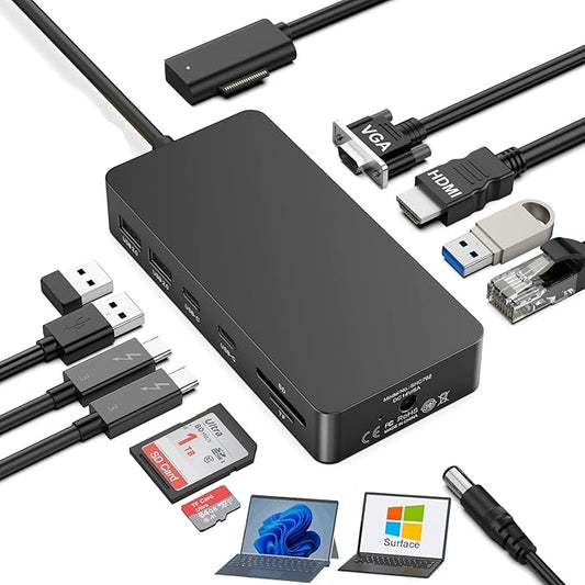 New for 11 in 1 Surface Pro Docking Station (HDMI+VGA) for Microsoft Surface Pro 12/11/10/9/8/X/7/6, Surface Laptop, Surface Go (HDMI VGA Ethernet SD/TF Audio 5*USB) – 2 Years Warranty