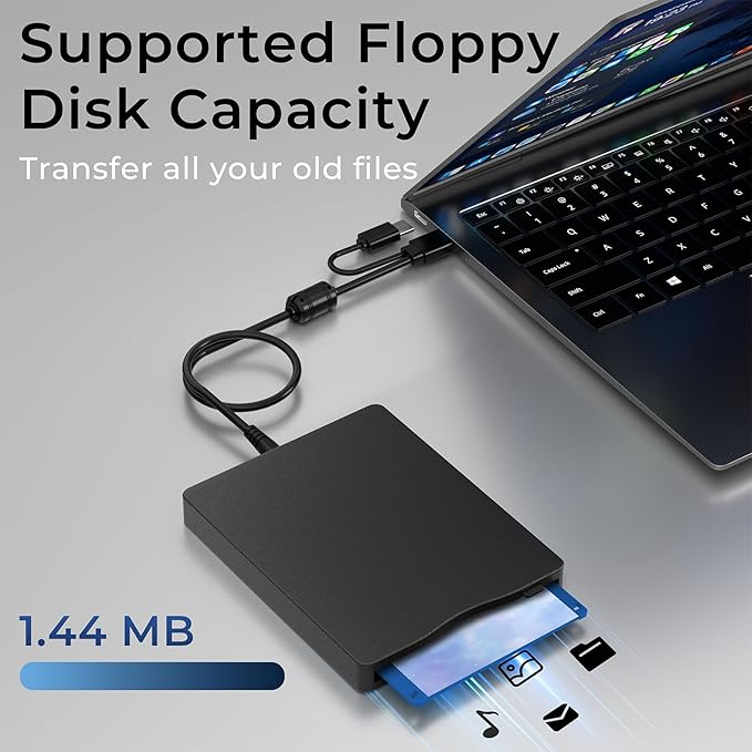 USB Floppy Drive, External 3.5" USB & Type-C Floppy Disk Reader, External Floppy Disk Drive Portable 1.44 MB Plug and Play FDD for PC Windows XP 7 8 10 11(Black)