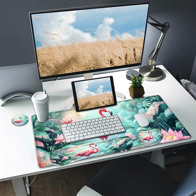 Large Mouse pad and Keyboard Support Set, Ergonomic Memory Foam Keyboard Wrist Rest, Extended Gaming Mouse Pad with Stitched Edges, Flamingo in Lotus Pond XXL Desk Mat (31.5 X 11.8 in)