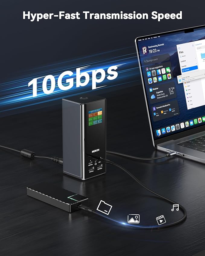 MOKiN Smart LCD Docking Station,18-Port USB C Docking Station Triple Display with 3HDMI+2DP, Smart Display, Triple 4K 60Hz, 10Gbps USB Ports, Gigabit Ethernet, for macOS and Windows(Driver Required)