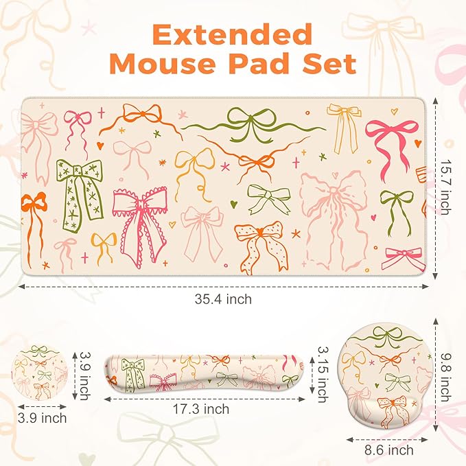 iLeadon Desk Protector Mat, Non Slip Long Mouse Pad and Keyboard Wrist Rest, Carpal Tunnel Mouse Pad and Computer Wrist Support, Soft Ergonomic Keyboard Pad with Wrist Support for Women Office (Bow)
