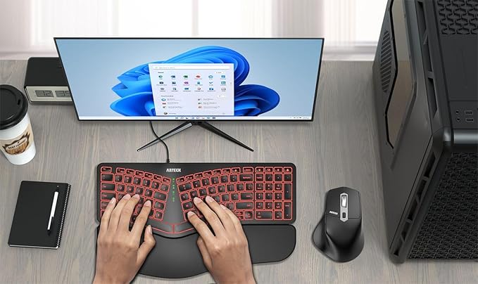 Arteck Ergonomic USB Wired Keyboard with Cushioned Wrist & Palm Rest, Backlit 7 Colors & Adjustable Brightness Comfortable Natural Split Keyboard with 6 Feet Wire for Windows Computer Desktop Laptop