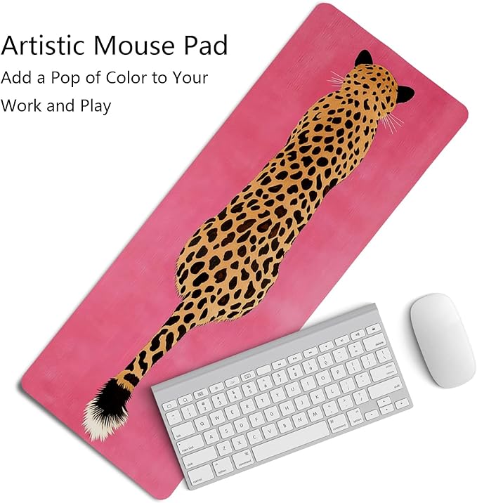 Pink Boho Cheetah Decor Desk Mat,XL Large Bold Leopard Animal Mouse Pad,Vibrant Retro Pop Art Cat Mousepad for Home Office Dorm Desktop Decor,31.5x11.8 Inch