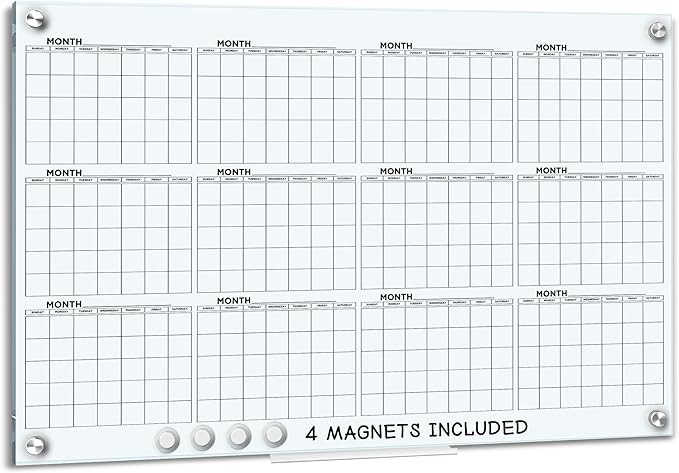 Yearly 24"x36" Glass Magnetic Whiteboard Calendar Planner - Dry Erase Board for Wall Monthly Home Office Large Wall Calendar