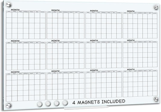 Yearly 24"x36" Glass Magnetic Whiteboard Calendar Planner - Dry Erase Board for Wall Monthly Home Office Large Wall Calendar