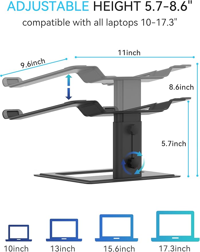 SOUNDANCE Adjustable Laptop Stand, Ergonomic Aluminum Riser for 10-17.3” Notebooks, Ventilated Metal Holder with Height Alignment for Desk Workspace, Black
