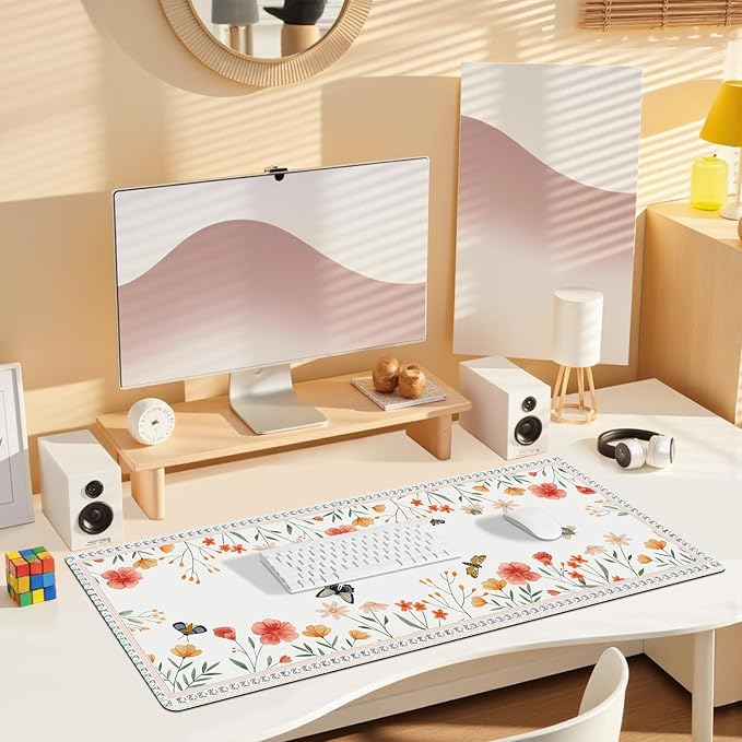 Desk Pad for Keyboard and Mouse, Large Mouse Pad for Desk, Non-Slip Keyboard Mat, Computer Mats for Desk, Cute Desk Pad with Stitched Edges for Office, Gaming I Apricot Butterflies Flowers