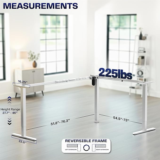VIVO Extra Large Electric Single Motor Height Adjustable 3-Leg Corner Standing Desk Frame, Holds up to 225 lbs, Sit Stand L-Shaped Motorized Legs Only, White, DESK-E384W