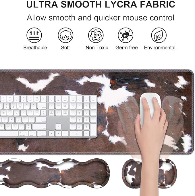 Ergonomic Keyboard Wrist Rest & Mouse Pad Wrist Rest Set, Large XXL Gaming Desk Mat 31.5"x 11.8" with Non-Slip Base, Memory Foam, Easy Typing Pain Relief for Home & Office, Brown Cow Print