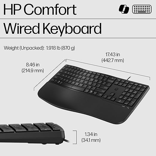 HP 480 Comfort Wired Keyboard - Plug & Play Keyboard, Connect to PC or Laptop with USB-A Cable - Windows, MacOS, & ChromeOS Compatible - 3 Adjustable Angles & 23 Programmable Keys Responsibly Made