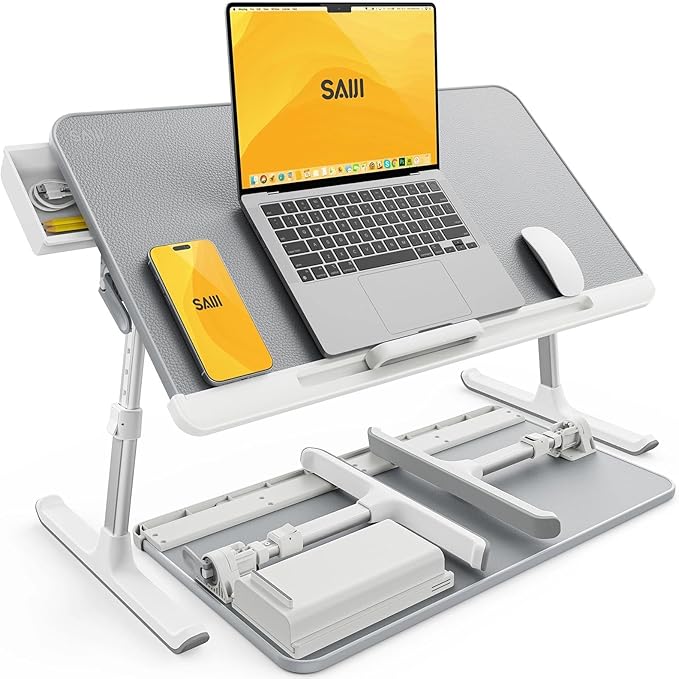 SAIJI Laptop Bed Tray Table, Adjustable PVC Leather Laptop Bed Table, Portable Standing Desk with Storage Drawer, Foldable Lap Tablet Table for Sofa Couch Floor (Gray)