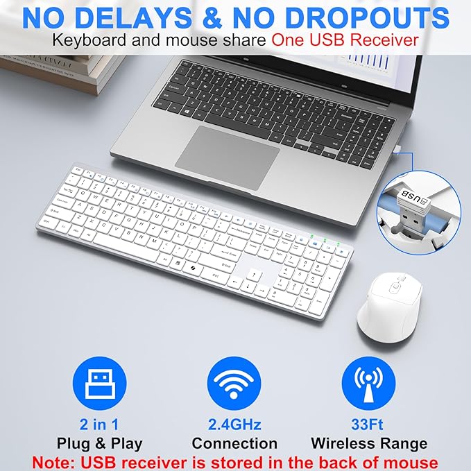 Wireless Keyboard and Mouse Combo, Full Size Silent Ultra Thin Keyboard with Magnetic Wrist Rest, Optical Mouse, 2.4G Lag-Free Cordless Mice Keyboard Set for Computer, Mac, Laptop, PC, Windows