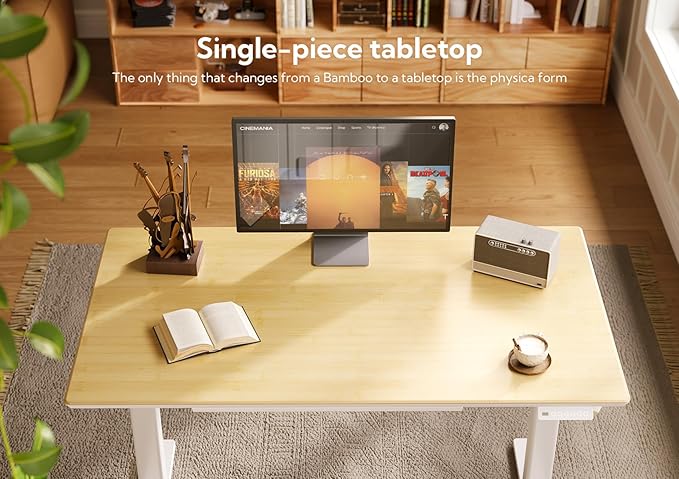 INNOVAR Bamboo Standing Desk with Drawers,55 Inch Adjustable Stand Up Desk,Quick Install Electric Home Office Stand Desks with Whole-Piece Board,Adjustable Height Computer Desks,White Frame/Bamboo Top