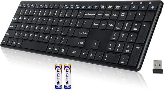 Wireless Keyboard-2.4G USB Ultra Slim Quiet Full Size Matte PC Computer Keyboard,19 Multimedia Keys,Number Pad,Plug&Play,Lag-Free Ergo,Long Battery Life for Desktop,Laptop,Smart TV,MAC,Windows,QWERTY