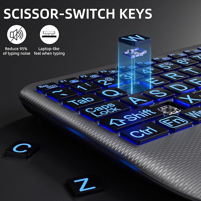 Large Print Backlit Wireless Keyboard – Silent Keyboards with Wrist Rest, 7-Color Light up, Quiet Low Profile Keys, 2.4G Wireless Rechargeable Full Size Keypad for Computer Laptop Windows, Gray