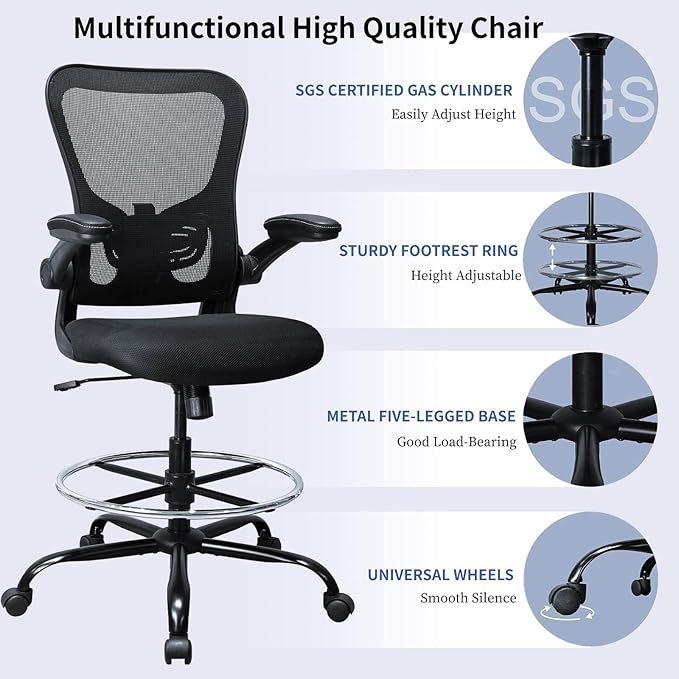 Drafting Chair, Ergonomic Tall Office Chair for Standing Desk, Counter Height Desk Chair with Adjustable Padded Armrests and Footrest Ring Standing Desk Chair Adjustable Height with Lumbar Support