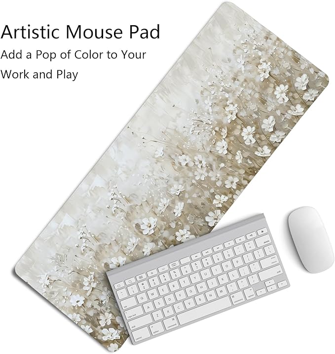 Beige Spring Floral Mouse Pad,Summer Wildflower Aesthetic Mouse Pads,Cottagecore Flower Desk Mat,Cream Floral Botanical Mousepad for Home Office Dorm Desktop Decor,31.5x11.8 Inch