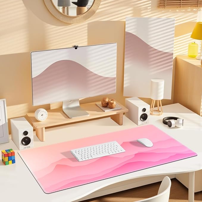 Desk Mat for Keyboard and Mouse, Large Mouse Pad Non-Slip Keyboard Pad, Computer Mats for Desktop, Cute Desk Pad with Stitched Edges for Office, Gaming I Pink Mountains