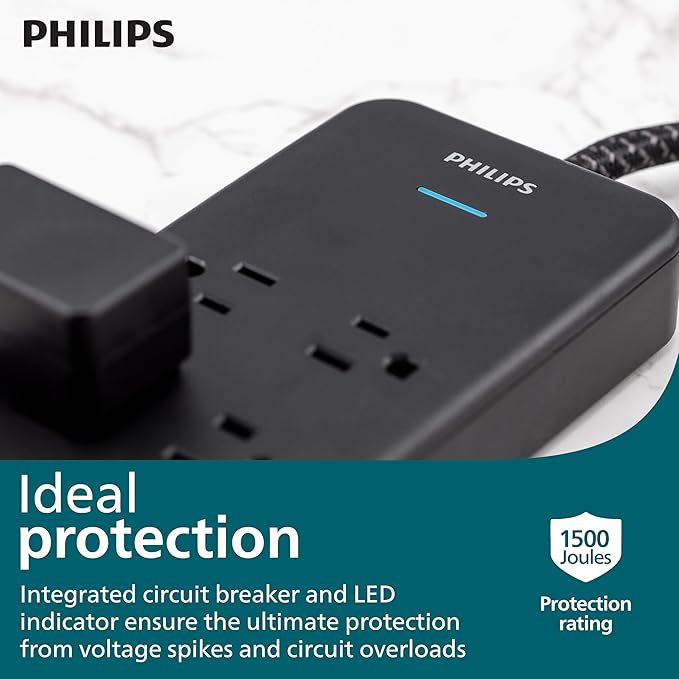 Philips 7-Outlet Adapter Spaced Surge Protector, 4ft Braided Cord, Power Strip with USB Charging, for Home School and Office, 1USB-A, 1USB-C, 1500J, Black, SPP9643B/37