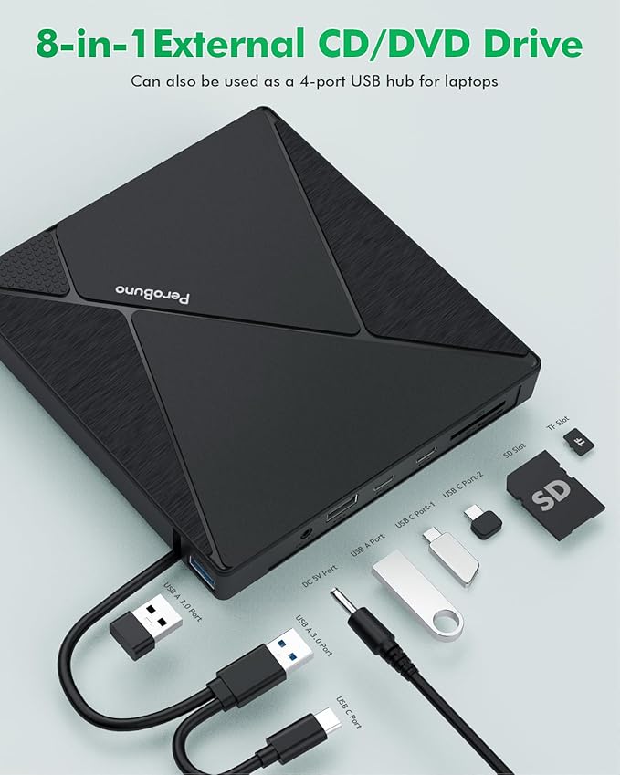 PeroBuno External CD DVD Drive, USB 3.0 Optical Disc Drive, 4 USB Ports and 2 TF/SD Card Slots, CD DVD Burner Writer Reader Player for Laptop MacBook iMac Desktop PC Windows 11/10/8/7/XP Linux Mac OS