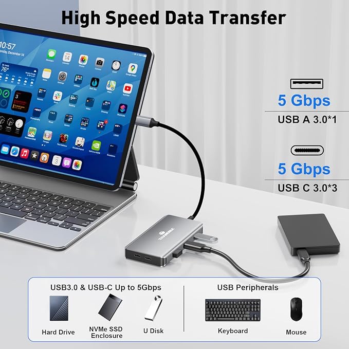 USB C Docking Station Dual Monitor, Laptop Docking Station 3 Monitor, USB C Hub Dual 4K@60Hz HDMI Display with DisplayPort Port, 5Gbps USB-A/C Data Port, 100W PD, for HP/Dell/Lenovo/Laptop
