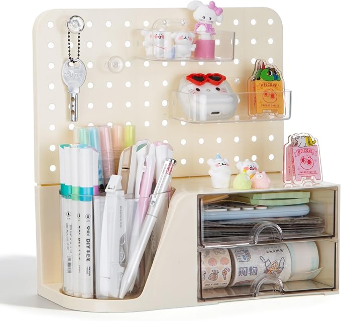 Comix Desk Organizer with 2 Drawer, Multifunctional Pen Holder for Desk, Desktop Organizer with Pegboard + Drawer + 5 Slots Pencil Holder for Office Home Art Supplies (White)