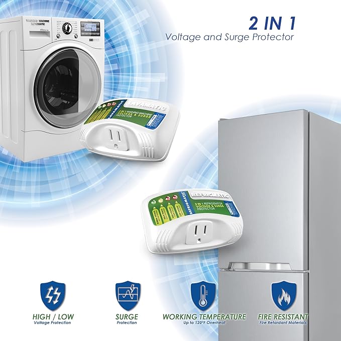 Two Electronic Voltage & Surge Protector Combo - Protect your Refrigerator and Washing Machine Against High and Low Voltage, Brownouts and Spikes