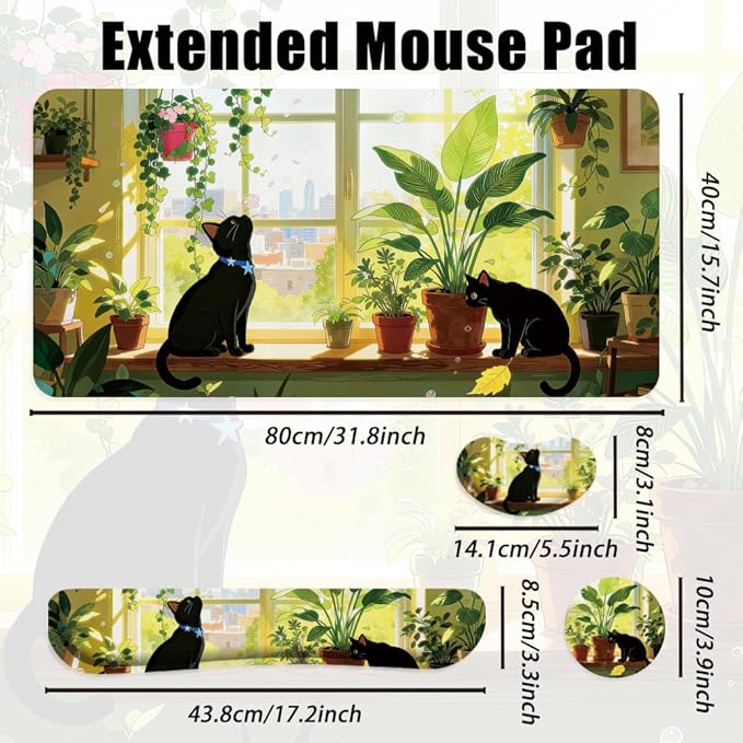 4 in 1 Large Keyboard Wrist Rest Pad, Ergonomic Wrist Rest Set, Cup Coaster, Extended Desk Mat for Home Game Office Desk Decor Accessories(Plant&Cat Pattern)