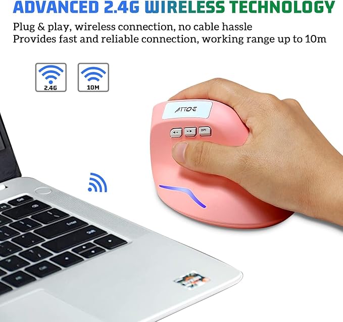 Wireless Vertical Ergonomic Optical Mouse, Pink Computer Mouse with 3 Adjustable DPI 1000/1600/ 2400, 5 Buttons for Laptop, Desktop, PC, MacBook