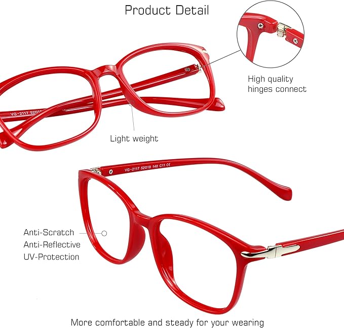 VisionGlobal Blue Light Blocking Glasses for Women Men, Stylish Square Frame (Red, No Magnification)