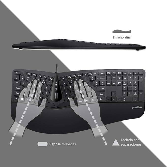 Perixx PERIDUO-505ES - Combo Teclado y Ratón ergonómico con Disposición de Teclas Dividida - Reposamuñecas Ajustable - QWERTY Español