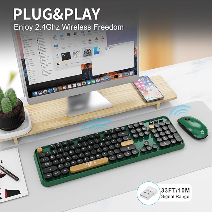 Wireless Keyboards Mouse Combos, Colorful Cute Typewriter Full-Size Retro Creamy Keyboard, 2.4GHz Sleep Mode Office Quiet Wireless Keyboard and Mouse Set for Desktop Laptop PC Computer Dark Green