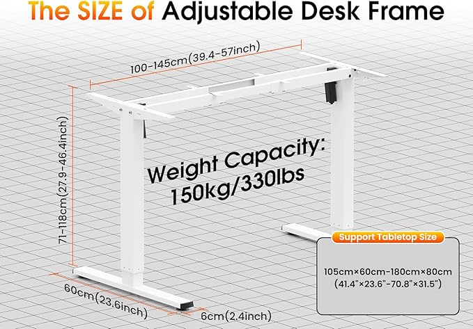 330 lbs Capacity Dual Motor Electric Standing Desk Frame, Height Adjustable Sit Stand up Desk Legs Base Workstation, Anti-Collision Function, 2 Hooks, White Frame Only