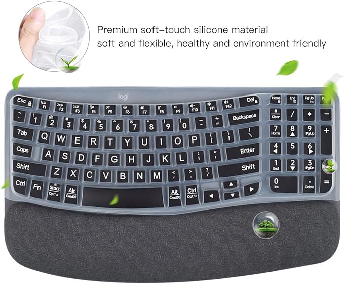 Large Print Keyboard Cover for Logitech Wave Keys MK670 Combo Keyboard Skin, Logitech Wave Keys Wireless Ergonomic Keyboard Cover Protector Skin, Logitechs Waves Key Accessories, Black