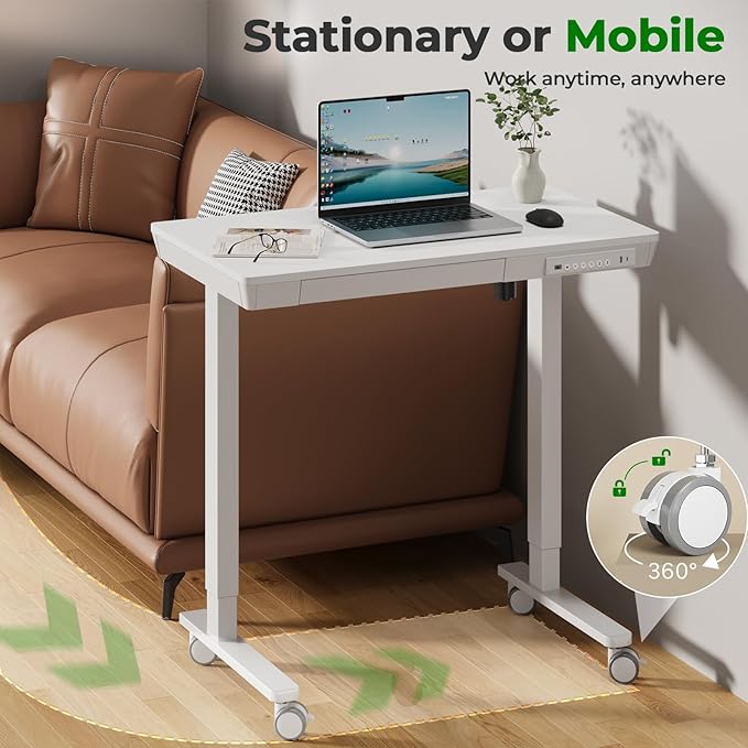 Small Standing Desk with Drawer, 35" x 20" Whole Piece Tabletop Electric Sit Stand Desk, Height Adjustable Desk with Storage & USB Ports, Quick Install Home Office Computer Desk, White