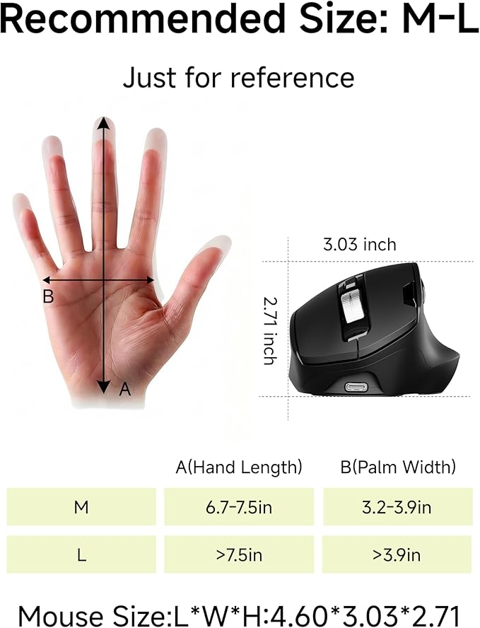 C2 Ergonomic Wireless Mouse, Rechargeable Bluetooth & 2.4G Dual Mode Computer Mouse with RGB, Quiet Clicks, 5 Adjustable 4000 DPI, Comfortable Grip for Laptop, PC, Mac, Office - Black