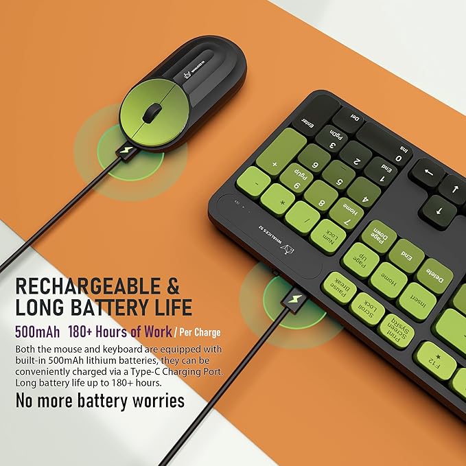 Wireless Keyboard and Mouse Combo - 2.4G Wireless, Rechargeable, Low-Noise, Cute Colorful, Full-Sized, 3 DPI Adjustable Mouse, for Computer, Laptop, PC, Desktop(Black Green)