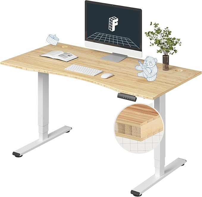 FlexiSpot E6 Bamboo 3-Stage Dual Motor Electric Standing Desk 55 x 28 Sit Stand Up Desk, Holds 220 lbs, Adjustable Height w/ Memory Presets, Solid Bamboo Curved Desktop & White Frame, Ships in 2 Boxes