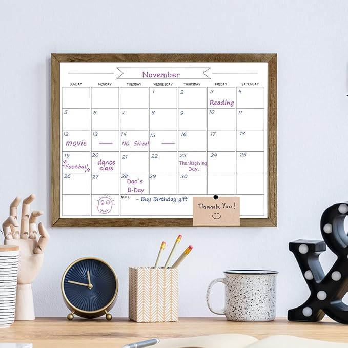 Dry Erase Monthly Calendar Whiteboard, Magnetic Surface White Board for Wall, Office/School/Home, Solid Pine Wood Rustic Brwon Frame Hanging Board & Planning Board, 13"x 17" (YL-RB-3343-B)