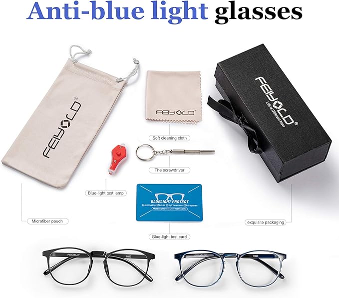 Blue Light Blocking Glasses Women/Men,Retro Round Anti Eyestrain Computer Gaming Glasses(Black+Blue)