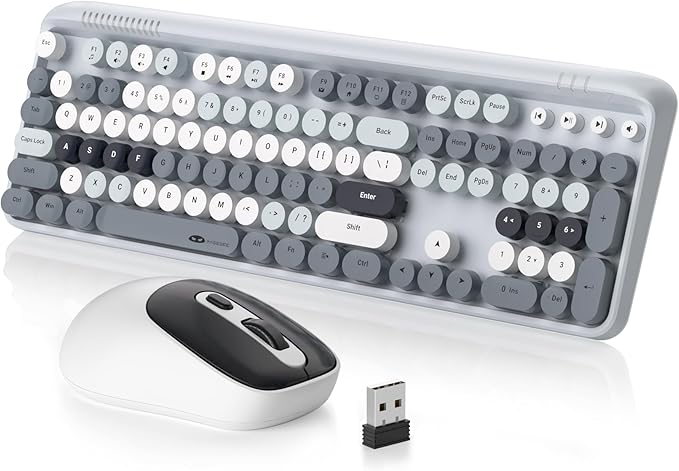 MageGee V920 Wireless Keyboard and Mouse Combo, 2.4G Full-Sized Retro Typewriter Keyboard with Round Keycaps & Auto-Sleep Mode, Cute Computer Keyboard and Cordless Optical Mouse for Laptop/PC (Gray)