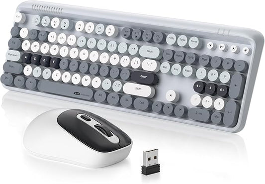 MageGee V920 Wireless Keyboard and Mouse Combo, 2.4G Full-Sized Retro Typewriter Keyboard with Round Keycaps & Auto-Sleep Mode, Cute Computer Keyboard and Cordless Optical Mouse for Laptop/PC (Gray)
