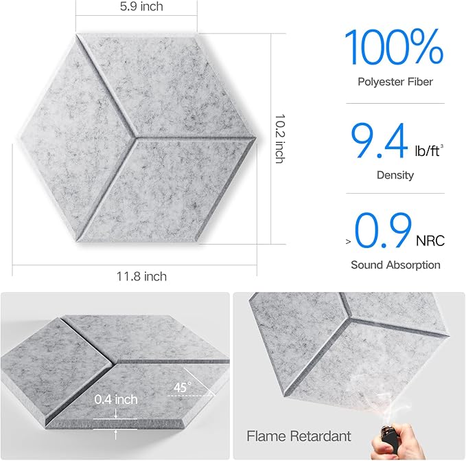 16 Pack Self-adhesive Acoustic Panels 12" X 10" X 0.4" - Sound Proof Foam Panels for wall with High Density, Y-Lined Design, Flame Resistant, Absorb Noise and Eliminate Echoes(Silver Gray)