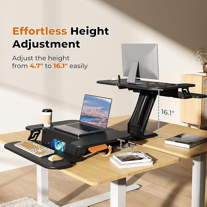 28" Standing Desk Converter, Height Adjustable Clamp Desktop Riser with Keyboard Tray, Sit Stand Monitor Riser Workstation for Home Office, Magnets Inclued, Black