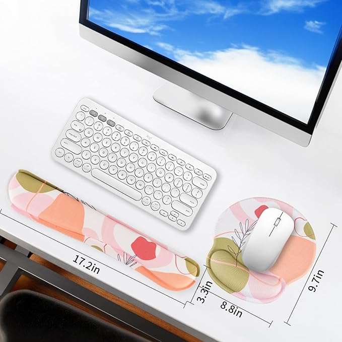 Mouse Pad Wrist Support Keyboard Wrist Rest Set, Ergonomic Mouse Pad with Non-Slip Base for Computer Laptop Home Office Coasters, Easy Typing & Pain Relief Mouse Mat (Plants)